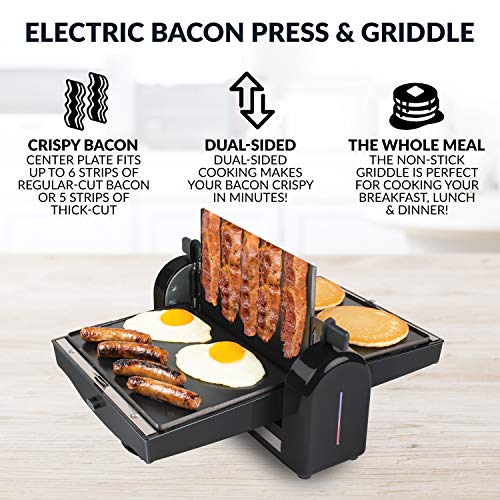 HomeCraft FBG2 Nonstick Electric Bacon Press & Griddle, Cooks 6 Pieces, Perfect For Eggs, Sausage, Pancakes, Hashbrowns, 6-Slice, Black