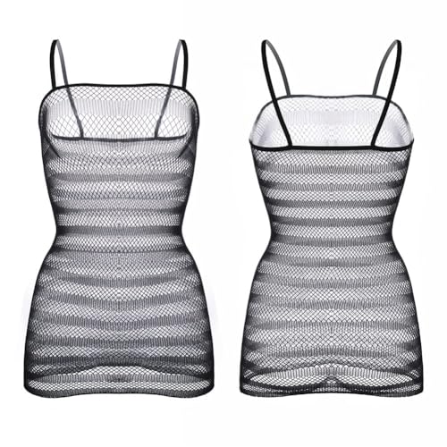 NewBull Women's Fishnet Mini Dress Sexy Sheer Mesh Lingerie Transparent Striped Babydoll Nightgown Sleeveless Stretch Underwear Skirt Bodysuit - Black
