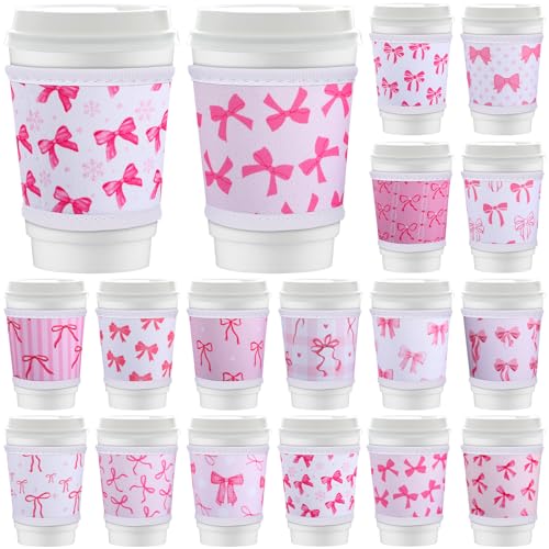 Potchen 16 Pack Reusable Iced Coffee Cup Sleeves Neoprene Insulated Drink Cup Insulator Sleeve for Cold Hot Drinks Ice Coffee Sleeve for 12-16Oz (Pink Bow)