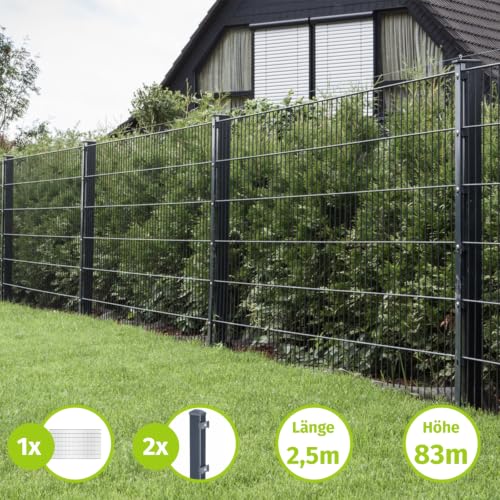 Doppelstabmattenzaun Komplettset 6/5/6 mm, Farbe Anthrazit RAL 7016 Set mit Pfosten und Klemmhaltern, Gartenzaun Stabmattenzaun Metallzaun - für Garten und Grundstück, Höhe 83 cm - Zaunlänge 2,5 m