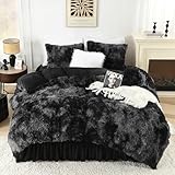 Litanika Tie-Dyed Black Fluffy Comforter Queen Size, Luxury Plush Faux Fur Bedding, Ultra Soft Velvet Fuzzy Bed Set 3 Pieces(1 Shaggy Comforter, 2 Pillowcases)