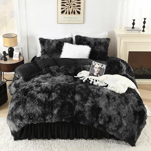 Litanika Tie-Dyed Black Fluffy Comforter Queen Size, Luxury Plush Faux Fur Bedding, Ultra Soft Velvet Fuzzy Bed Set 3 Pieces(1 Shaggy Comforter, 2 Pillowcases)