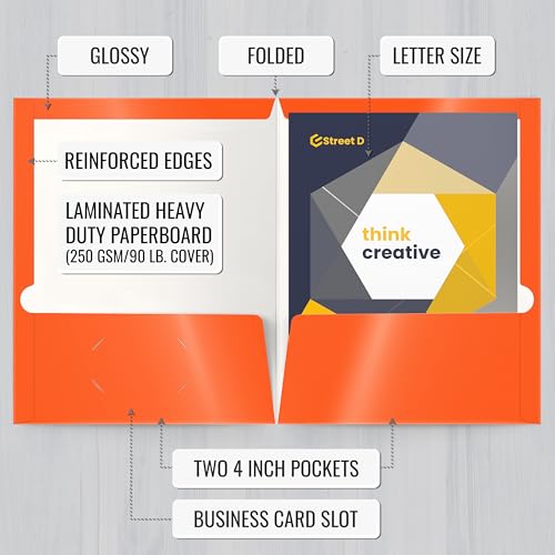 Image of Better Office Products 2 Pocket Glossy Laminated Paper Folders, Letter Size, Orange Paper Portfolios, Box of 25 Orange Folders