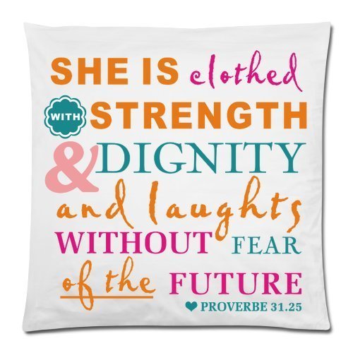 Bible Verse Pillow Case - She Is Clothed With Strength And Dignity - Rectangle Pillowcase 18x18 Zippered inch Two Sides Square Pillow Covers