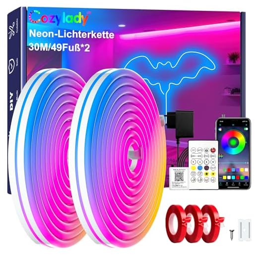 Cozylady Bande LED néon RVB, avec télécommande, contrôle par application, étanche et flexible, bande néon LED 24 V pour chambre à coucher, décoration d'intérieur (30 m)