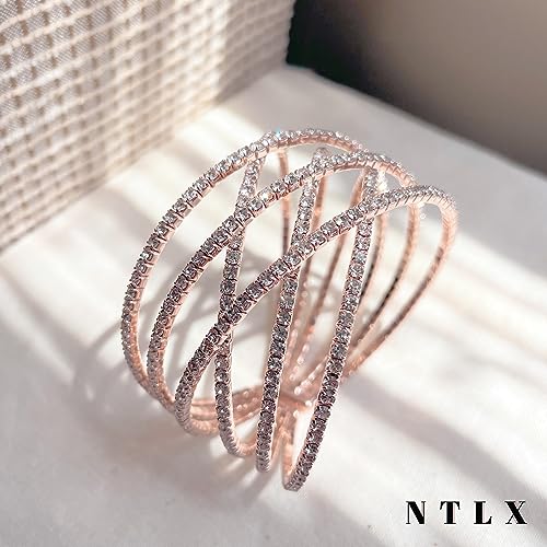 NTLX Crystal Bracelet for Women – Rhinestone Cuff Bracelet – Silver & Gold Plated - Flexible & Adjustable – Multiple X Shape Cross Geometric Negative Space - Bridal, Wedding, Prom, Party, Pageant, Evening, Casual, Bracelet - with Gift Box4