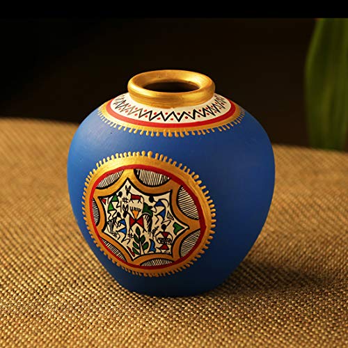 Image of ExclusiveLane El-006-013 Earthenware Warli Handpainted Living Room and Home Decorative Matki Shaped Flower Terracotta Round Vase (Blue, 13.97 Cm X 13.97 Cm X 15.24 Cm)