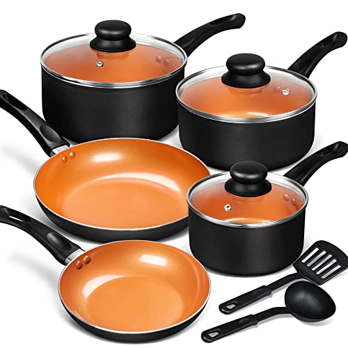 MICHELANGELO Copper Pots and Pans Set Nonstick, Basic Copper Cookware Set with Bakelite Handle, Kitchen Cookware Set with Ceramic Nonstick Coating, Ceramic Pots and Pans 10 Piece with Spatula & Spoon