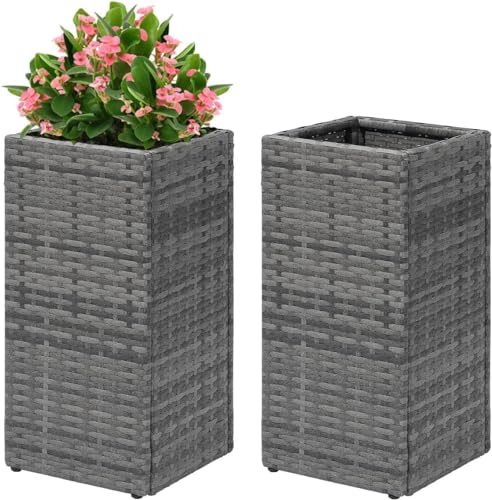 Taylor & Brown 2 Pack Tall Cubic Rattan Wicker Planters with Removable Liner Large Indoor Outdoor Planter Flower Plant Pots Garden Patio Front Porch 61cm (H) x 30.5cm (W) x 30.5cm (D) (Grey)