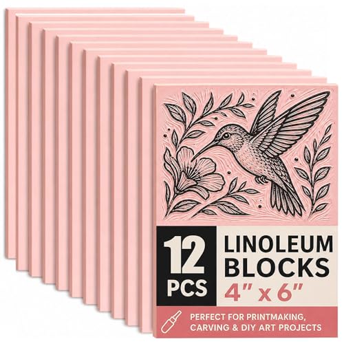 Bobblebro Linoleum Blocks for Printmaking Supplies - 12PCS 4x6Rubber Linocut Block Printing Kit for Stamp Carving Soft Relief Printing Linoleum for DIY Crafts & Art Projects