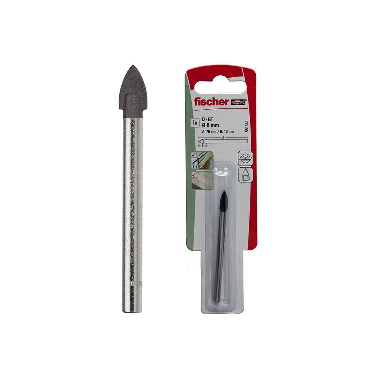 Fischer Punta, Ceramica e piastrella con tagliente in Metallo Duro per vetro e ceramiche 5 K 551340 Tile Drill Bit for Glass and Ceramics D-GT PV 5K x 13/75, 5 mm diametro foro, Grey