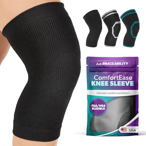 BraceAbility Knee Compression Sleeve for Women and Men - ComfortEase Knee Pain Brace Support for Arthritis Swelling Joint Stiffness Recovery All-Day Comfort and Relief (L - Black)