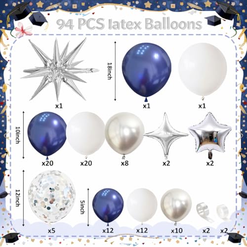 Image of Blue Silver Balloon Garland Arch Kit, Navy Blue White Balloon Arch Kit, Metallic Silver Confetti Balloons Star Foil Balloons for Graduation Father's Day Dad Birthday Wedding Baby Shower Party Decor