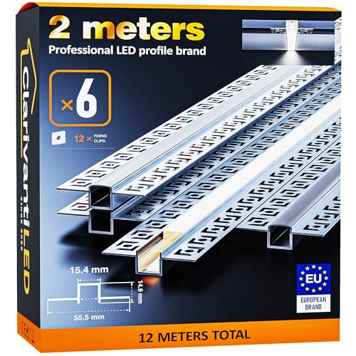 ClarivantiLED 2m×6 Profilé LED Encastrable 2m Aluminium pour Ruban LED Goulotte Diffuseur Rail Plafond Couvercle Transparent, Profilé Transparent pour Bande LED plinthe