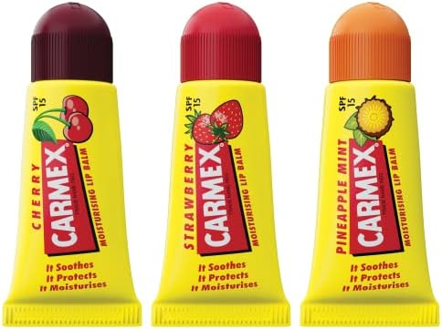 Carmex balsam do ust SPF 15, Triplo Minis (wiśnia, ananas i truskawka) 5gx3. Nawilżają, chronią, naprawiają, łagodzą i zmiękczają usta.