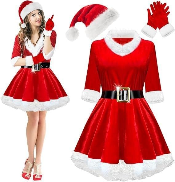 5 Pack Women Mrs Claus Christmas Costume Set Velvet Dress with Belt Striped Over Knee High Socks Santa Hat Gloves - Image 5