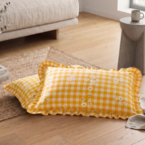 Image of Home Sizzler Floral Frill Border Microfibre King Size Pillow Covers (18 X 27 Inches) - Yellow, Set of 2
