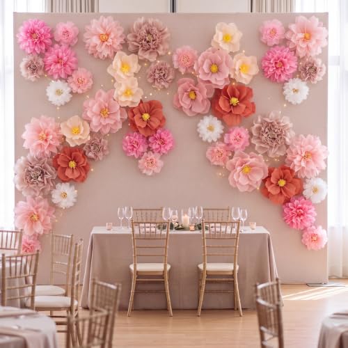 Image of Cholemy 24 Pcs Tissue Paper Flowers, Crepe Paper Flowers Decorations 8 inch 10 inch 12 inch for Wedding Party Baby Bridal Shower Carnival Party Birthday Nursery Wall Decor (Dusty Pink,Peach)