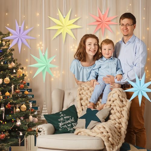 Image of 12 Inches 5 PCS Paper Star Lanterns Hanging Pastel Stars Christmas Party Decorations Pastel Lampshade Christmas Home Party Decorations(9 Pointed)