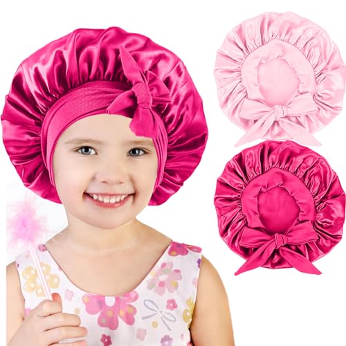 2 PCS Kids Bonnets for Girls Silk Bonnet for Kids Satin Bonnet for Sleeping Baby Toddler Hair Cap with Tie Band Pink