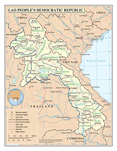 Palmetto Posters 24x31 Laminated Poster: Large detailed political and administrative map of laos with roads railroads cities and airports