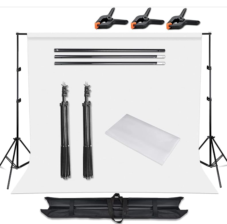 BALLSHOP Support de Fond Photo 2 x 2 m réglable Kit Studio Photo Portable avec Toile de Fond, 4 Pinces et Sac de Transport Fond Blanc, Fond Noir, Fond Vert pour Studio, photobooth, Portrait, vidéo
