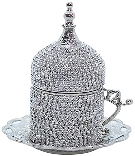 LAZWARD Turkish Coffee Espresso Cup with Inner Porcelain, Metal Holder, Saucer and Lid one cup for one person (Crystal-Silver)