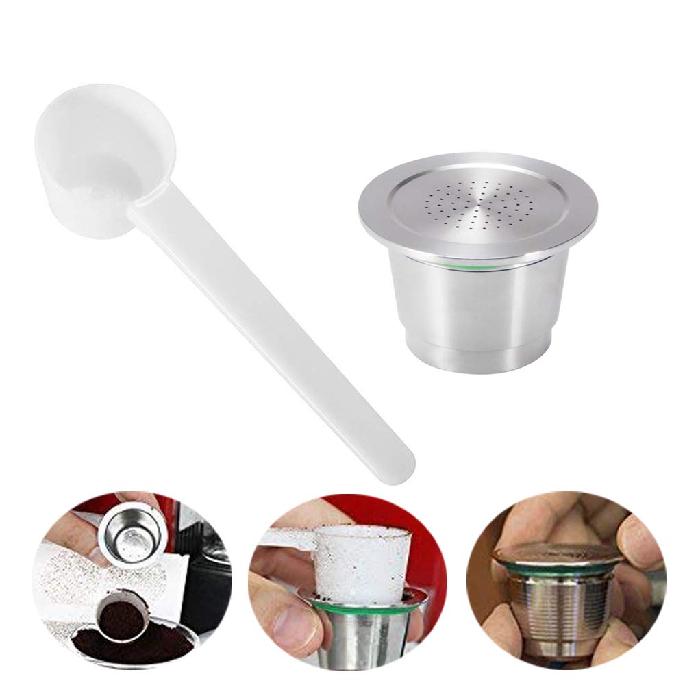 Refillable Reusable Coffee Capsules Cup Pods Coffee Dripper Stainless Steel with Spoon for Nespresso Machines