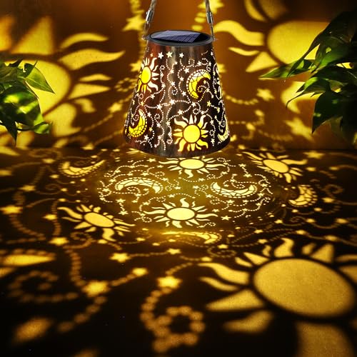 Image of Toodour Solar Lantern Outdoor, Hanging Solar Outdoor Lights Garden Decor, Waterproof Hollow Out Retro Metal Sun & Moon Decorative Lights for Patio, Balcony, Yard, Walkway, Outdoor Decor