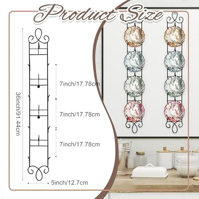 Blulu 2 Pcs 36'' x 5'' Tea Cup and Saucer Display Stand 4 Tiers Vertical Wall Mounted Cups and Plate Holder Wall Plate Hangers Decorative Brackets for China Coffee Mug Organizer Farmhouse (Black)
