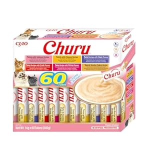 INABA Churu – Friandises pour Chats en Purée Variétés de Thon – Délicieux Snacks pour Félins – Texture Lisse et Onctueuse – Nourriture pour Chats – 60 Tubes x 14g