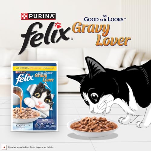 Image of Purina Felix Gravy Lover, Tasty & Real Meaty Chicken Chunks, Wet Cat Food, Balanced Nutrition, 24 Months, Pack of 12 Pouches (12x70g)