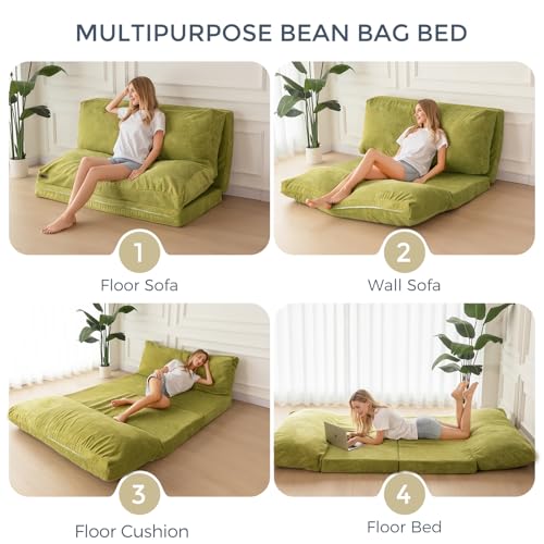 Image of MAXYOYO Folding Sofa Bed, Extra Thick and Long Floor Sofa Convertible Chair with Washable Cover, Floor Couch Lounge Bean Bag Bed for Living Room, Green, 39x91 Inch