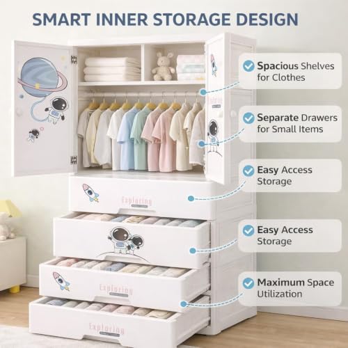 Image of Kids Plastic Collapsible Wardrobe Organizer for Storage with Drawers | Cute Cartoon Design | Heavy Duty Runner Rug Floor Mat Carpets Organizer Bedroom, Living Room (Starry-Sky, 1+3-Door)