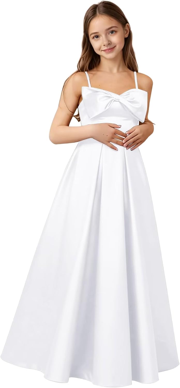 dideyttawl 2026 Girls Satin Prom Ball Gown with Big Bow Maxi Spaghetti Straps Junior Bridesmaid Flower Girl Dress 2548