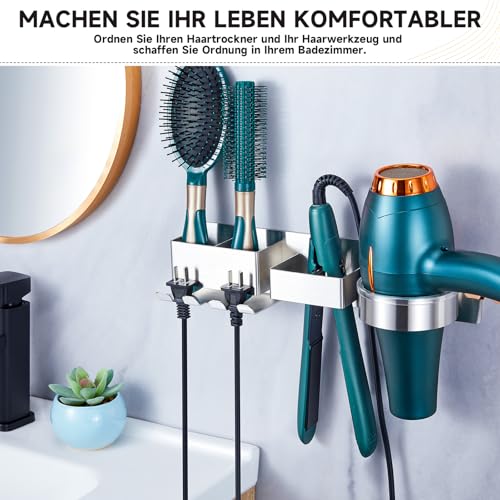YYBO Föhnhalter Wand Ohne Bohren, Fönhalter Wandhalterung, Föhn Halterung für Föhn und Glätteisen Halterung, Fönhalterung mit Fächern & Kabel Aufbewahrung, Haartrocknerhalter für Bad (Silber)