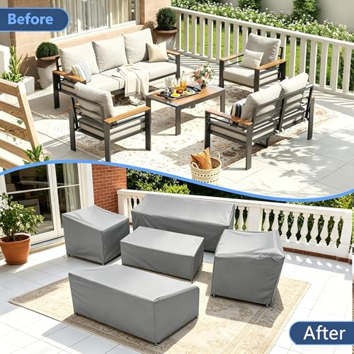 Image of STARTWO Patio Furniture Cover Set, 5 Piece Outdoor Furniture Cover Waterproof, 600D Heavy Duty Lawn Patio Set Covers for Chairs, Loveseat and Coffee Table (Grey)