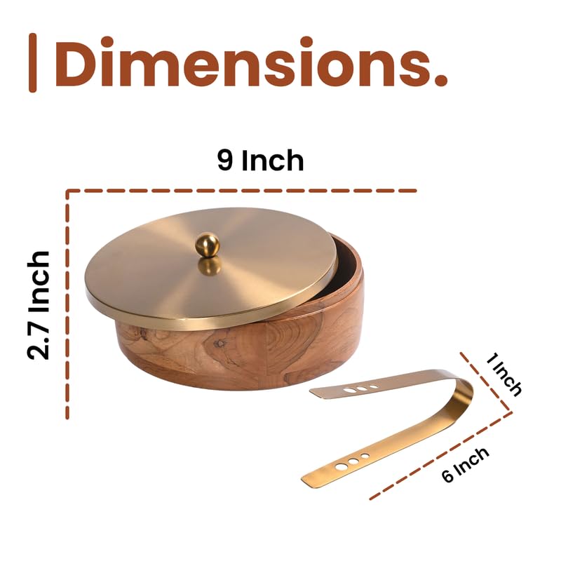 Image of Wooden Chapati Box for Kitchen - Casserole for Roti with Stainless Steel Brass Lid | Wooden Chapati Box with 1 Tong | Traditional Kitchen Organizer - Gold (Plane)