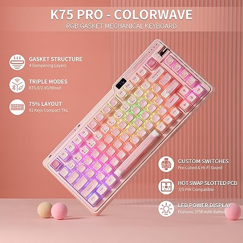 KZZI K75 PRO RGB 75% Wireless Gasket Mechanical Keyboard, Triple Mode Bluetooth 5.0/2.4G/USB-C 82 Ke