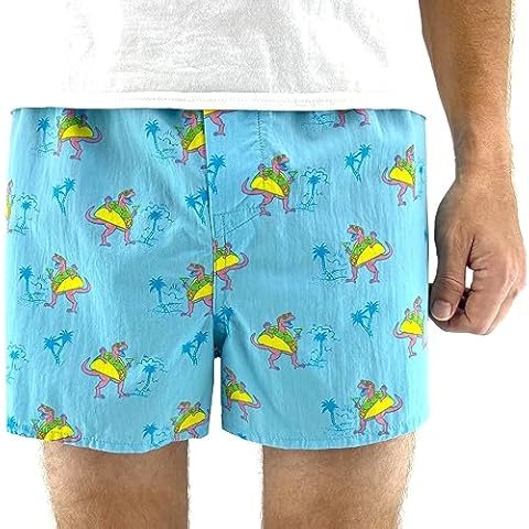 ROCK ATOLL Men's Bright Bold Funny Novelty Print Cotton Boxer Shorts Underwear (Large, Blue Taco Dino Print) Cover