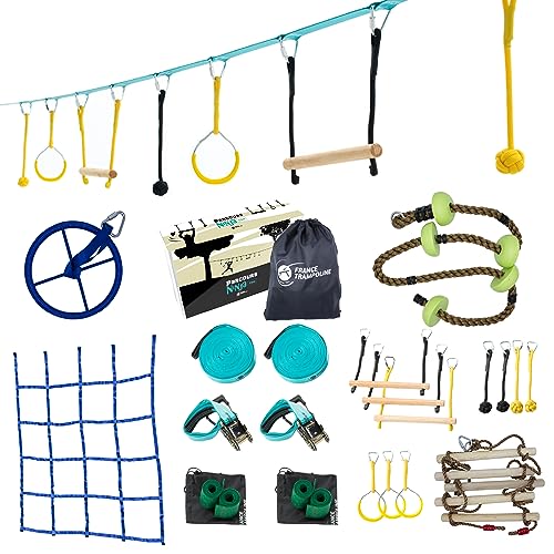 France Trampoline – Slackline und Hindernisparcours für Kinder – Ninja Parcours mit 14 Hindernissen und 15 m Slackline – Outdoor-Spiel für Kinder und Erwachsene mit Leiter, Kletternetz