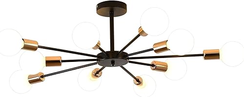 Miniatura 7 de Lámpara de techo moderna de montaje empotrado, arte de metal, 10 luces de techo industrial negro Sputnik con acabado pintado para cocina, granja,