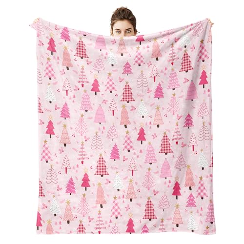 Christmas Tree Flannel Blanket 50x60 Pink Christmas Tree Blanket - Fun and Cute Flannel Soft Warm Blanket for Sofas and Chairs