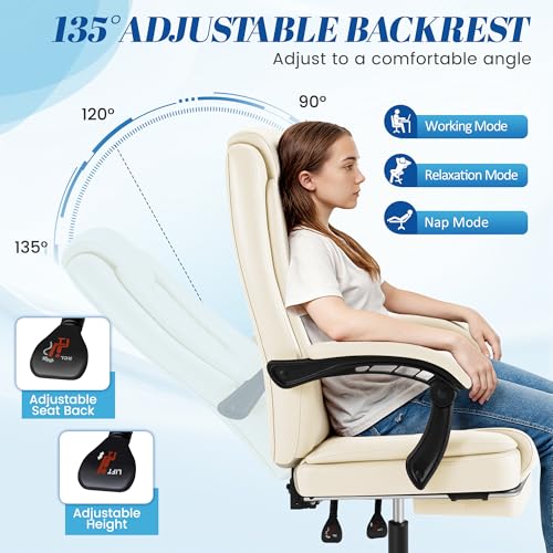 Image of Furmax Office Chair with Footrest Ergonomic High Back Design Executive Computer Desk Chair400lbs, 90-135 Reclining Leather Home Office Desk Chairs Swivel Task Chairs with Wheels (Beige)