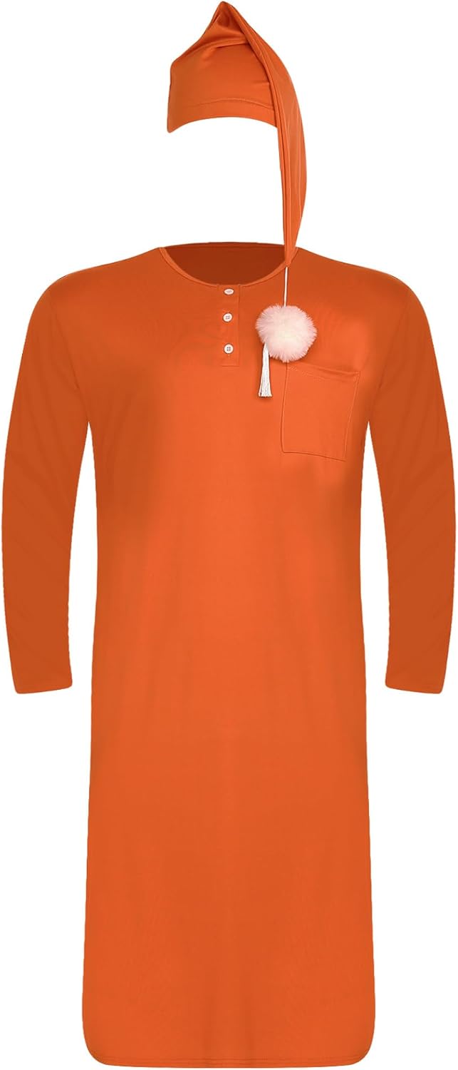 Vxuxlje Men's Nightshirts Long Sleeve Henley Sleep Shirt with Hats Big&Tall Nightgowns Loungewear Orange Medium