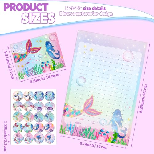 Image of TaoBary 160 Pcs Mermaid Stationery Paper and Envelopes Set 50 Double Sided Lined Stationery Paper with 50 Matching Envelopes and 60 Round Dot Sticker 5.5 x 8.25'' Letter Writing Kit, 10design