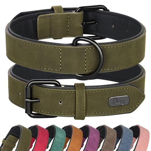 Image of Didog Soft PU Leather Dog Collar, Breathable Padded, Dark Green Neck 18-22 inch