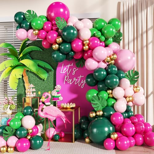 Tropical Flamingo Balloon Arch Kit 149Pcs Pink and Green Balloons Include Hot Pink Macaron Pink Green Gold Balloons with Palm Leaves for Hawaiian Luau Aloha Summer Beach Birthday Party Decorations