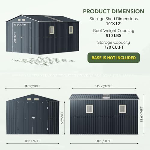 Image of 10x12 FT Outdoor Metal Storage Shed, Double Swing Doors, 2 Clear Windows, Replaceable Skylight Roof Panel, Tool Shed for Garden, Patio, Backyard