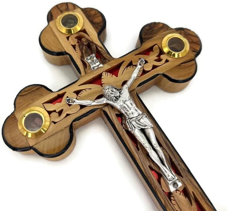Catholic Crucifix for Wall With Mother of Pearl, Olive Wood Cross Wall Decor, 9 Inch Wooden Crucifix with Relics from the Holy Land, Wedding